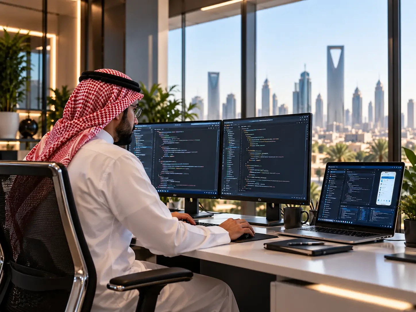 Saudi developer at a coding workstation overlooking Riyadh; client-supplied AI illustration, not verified ITQAN personnel, premises or projects. Saudi developer at a coding workstation overlooking Riyadh; client-supplied AI illustration, not verified ITQAN personnel, premises or projects.