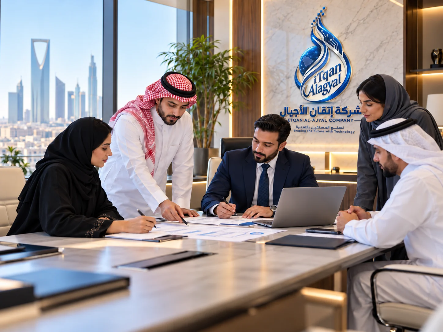 Client-supplied meeting illustration with existing ITQAN wall branding and the Riyadh skyline; not verified company personnel or premises. Client-supplied meeting illustration with existing ITQAN wall branding and the Riyadh skyline; not verified company personnel or premises.