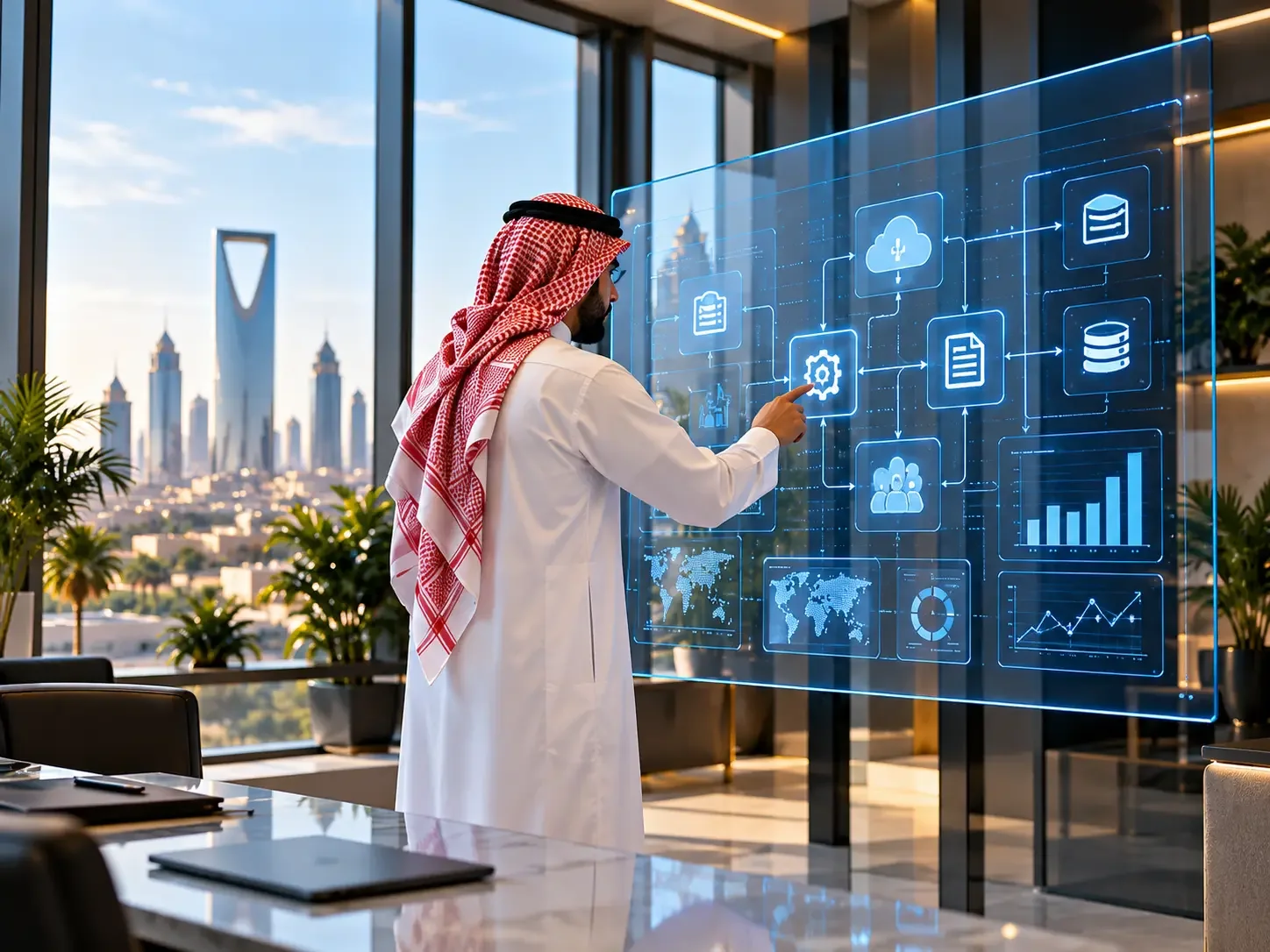 Saudi executive exploring a digital interface overlooking Riyadh; client-supplied AI illustration, not verified ITQAN personnel, premises or projects. Saudi executive exploring a digital interface overlooking Riyadh; client-supplied AI illustration, not verified ITQAN personnel, premises or projects.
