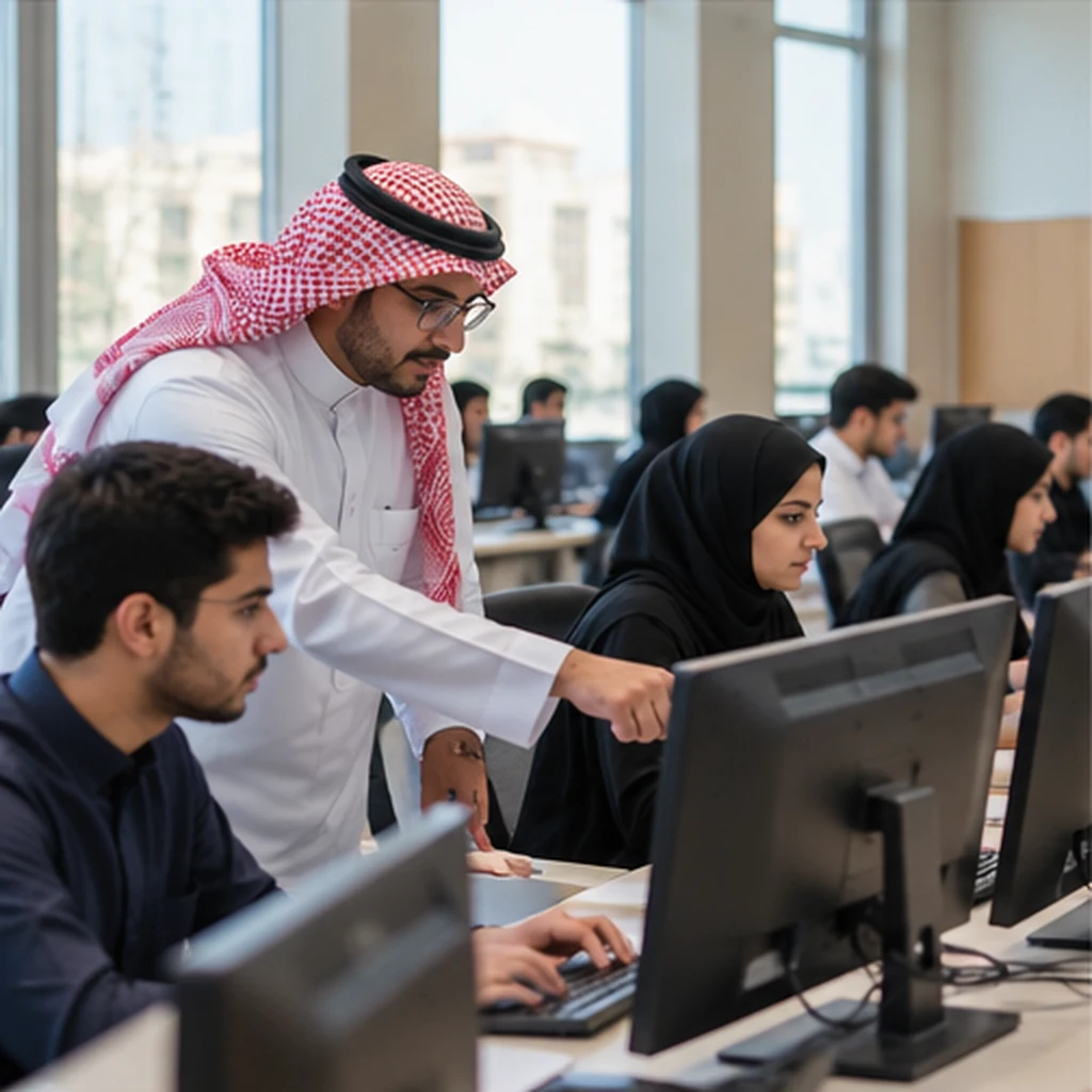 An instructor guiding students in a technology-equipped classroom; client-supplied AI illustration, not ITQAN staff, clients or completed projects. An instructor guiding students in a technology-equipped classroom; client-supplied AI illustration, not ITQAN staff, clients or completed projects.