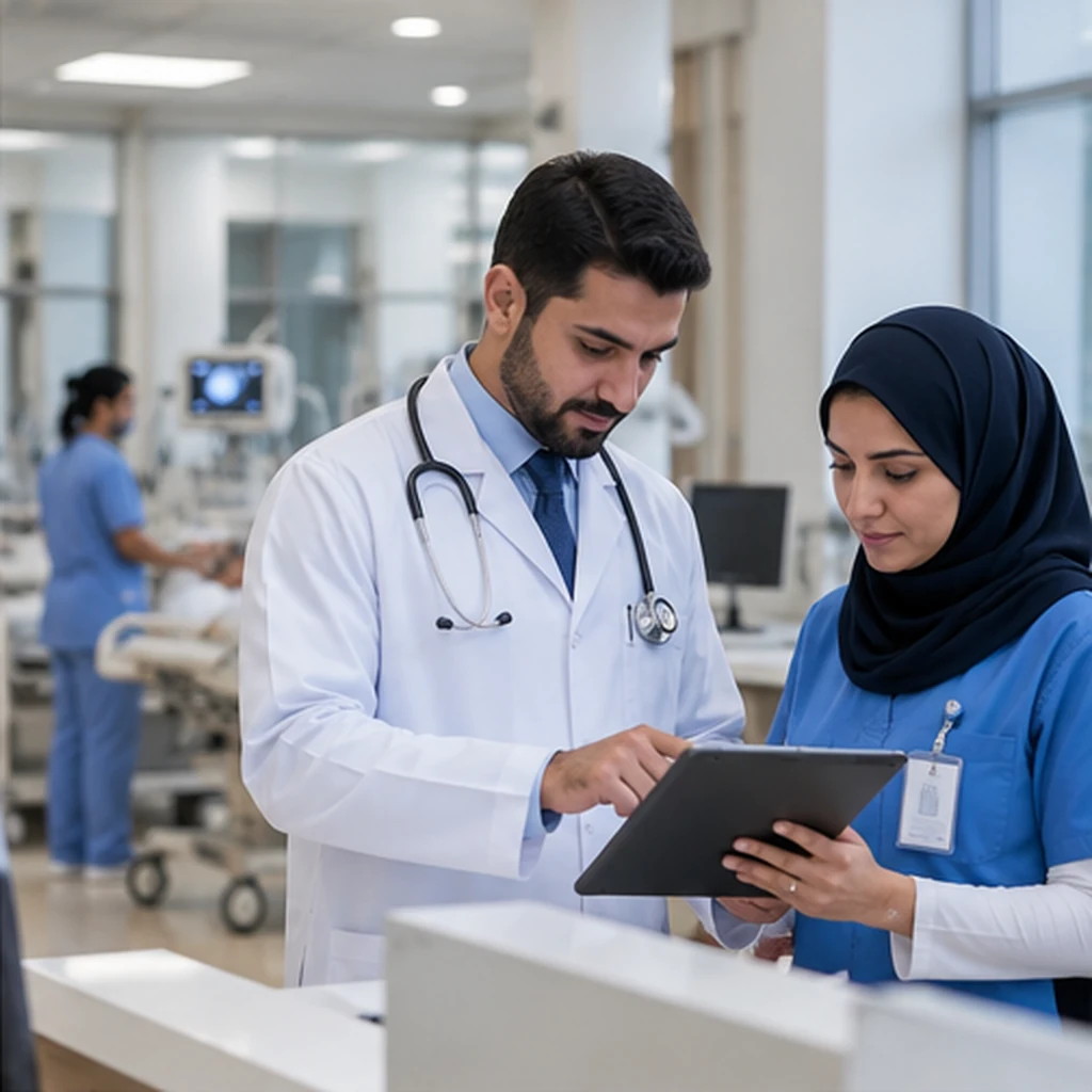 A doctor and a healthcare professional reviewing a tablet in a hospital; client-supplied AI illustration, not ITQAN staff, clients or completed projects. A doctor and a healthcare professional reviewing a tablet in a hospital; client-supplied AI illustration, not ITQAN staff, clients or completed projects.