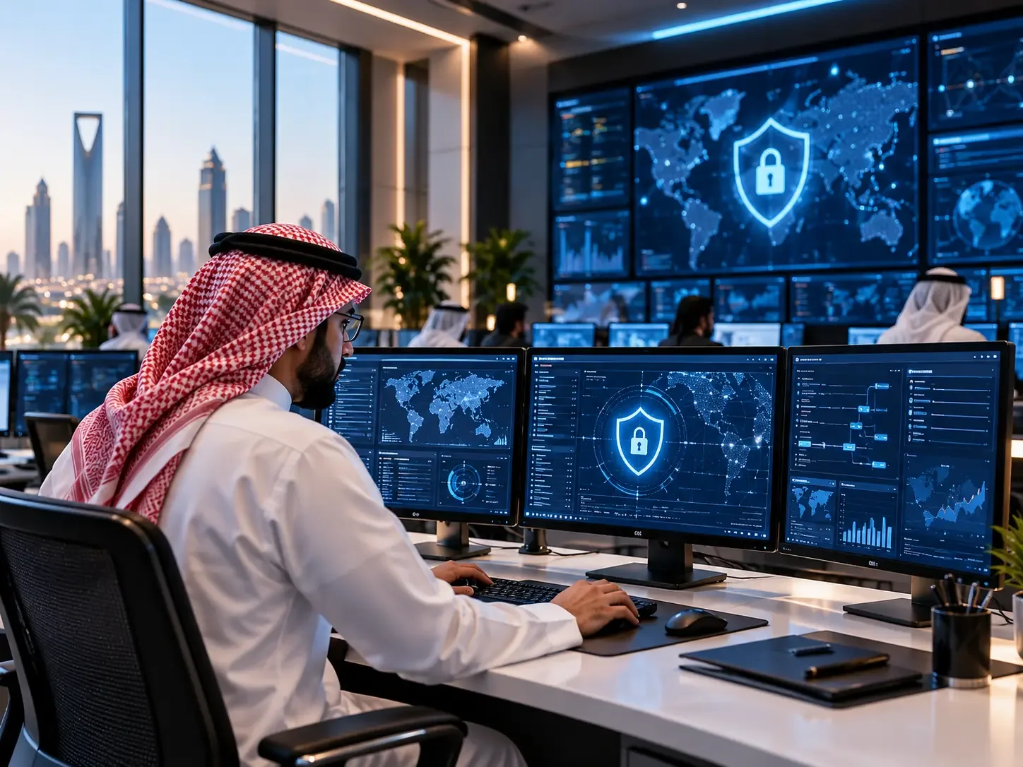 Saudi specialist at a cybersecurity operations workstation; client-supplied AI illustration, not verified ITQAN personnel, premises or projects. Saudi specialist at a cybersecurity operations workstation; client-supplied AI illustration, not verified ITQAN personnel, premises or projects.