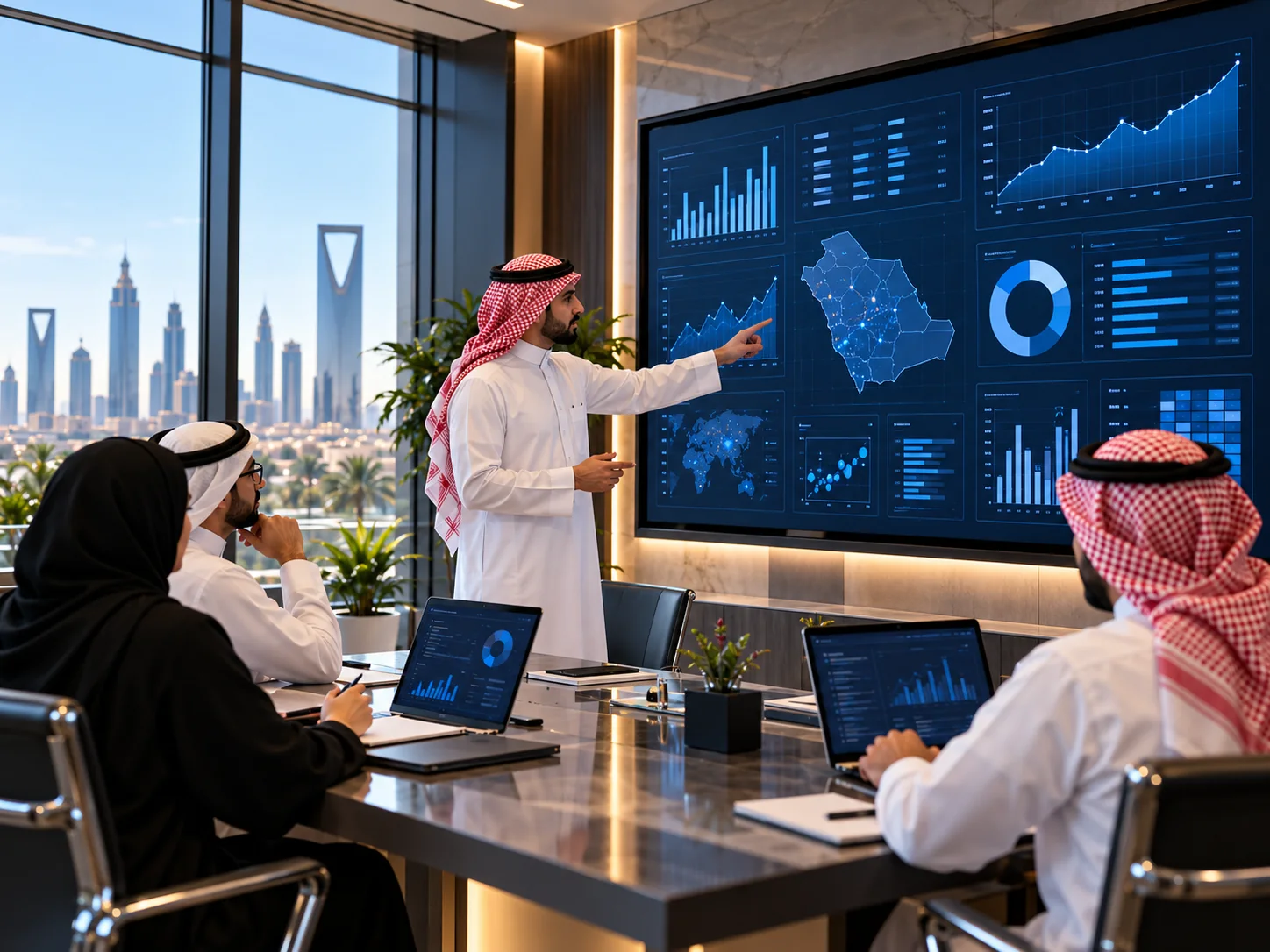 Saudi team reviewing analytical charts in a strategy meeting; client-supplied AI illustration, not verified ITQAN personnel, premises or projects. Saudi team reviewing analytical charts in a strategy meeting; client-supplied AI illustration, not verified ITQAN personnel, premises or projects.