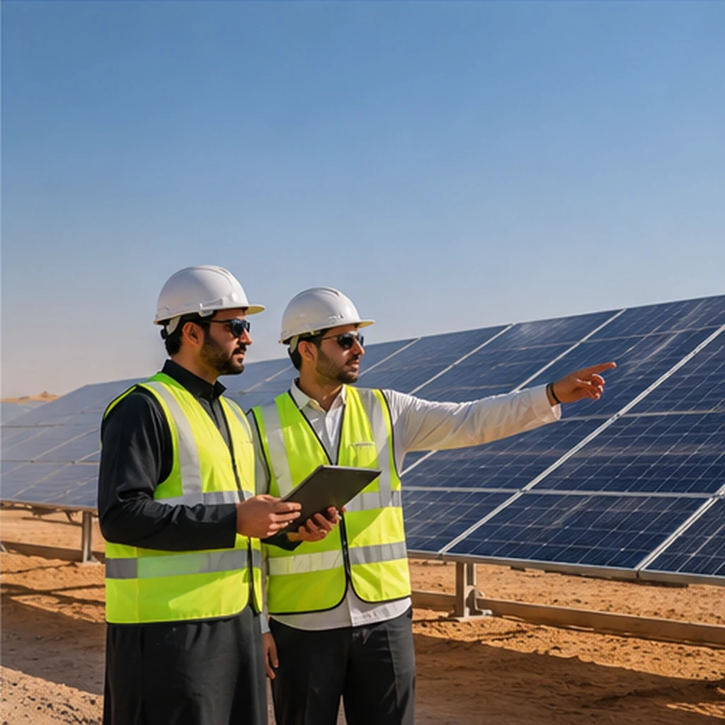 Two engineers inspecting solar-energy installations on site; client-supplied AI illustration, not ITQAN staff, clients or completed projects. Two engineers inspecting solar-energy installations on site; client-supplied AI illustration, not ITQAN staff, clients or completed projects.