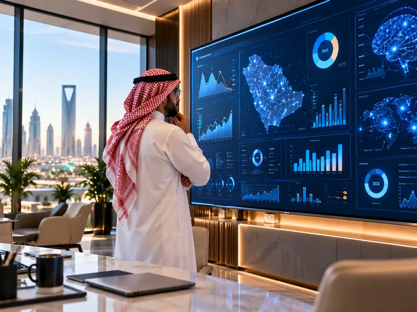 Saudi professional exploring AI and business intelligence dashboards; client-supplied AI illustration, not verified ITQAN personnel, premises or projects. Saudi professional exploring AI and business intelligence dashboards; client-supplied AI illustration, not verified ITQAN personnel, premises or projects.