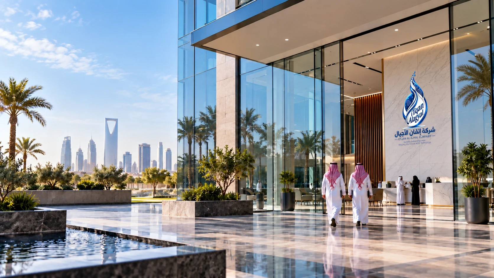 Client-supplied architectural illustration with a glass entrance, two professionals, greenery and the Riyadh skyline; not verified company premises. The uploaded official logo is composited onto the marble wall without generated lettering. Client-supplied architectural illustration with a glass entrance, two professionals, greenery and the Riyadh skyline; not verified company premises. The uploaded official logo is composited onto the marble wall without generated lettering.