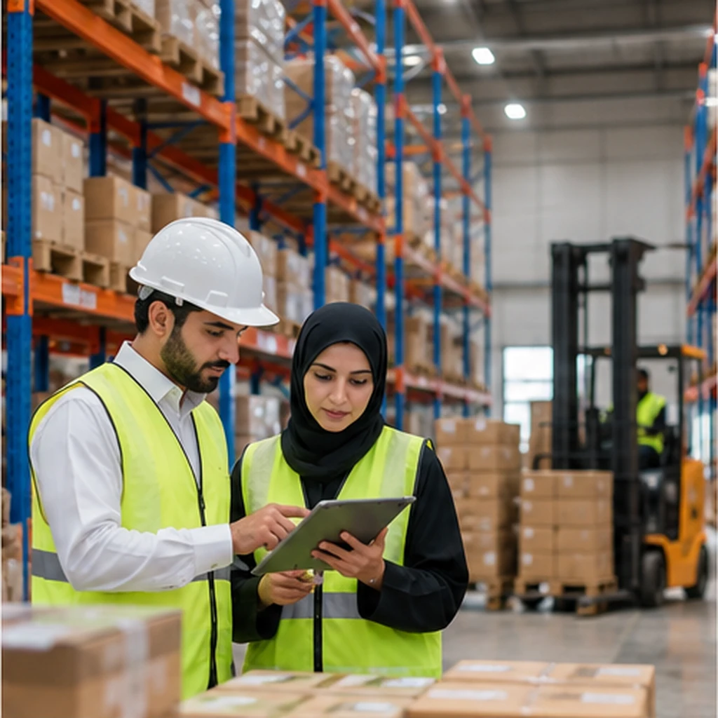 Two professionals reviewing a tablet in a warehouse logistics operation; client-supplied AI illustration, not ITQAN staff, clients or completed projects. Two professionals reviewing a tablet in a warehouse logistics operation; client-supplied AI illustration, not ITQAN staff, clients or completed projects.