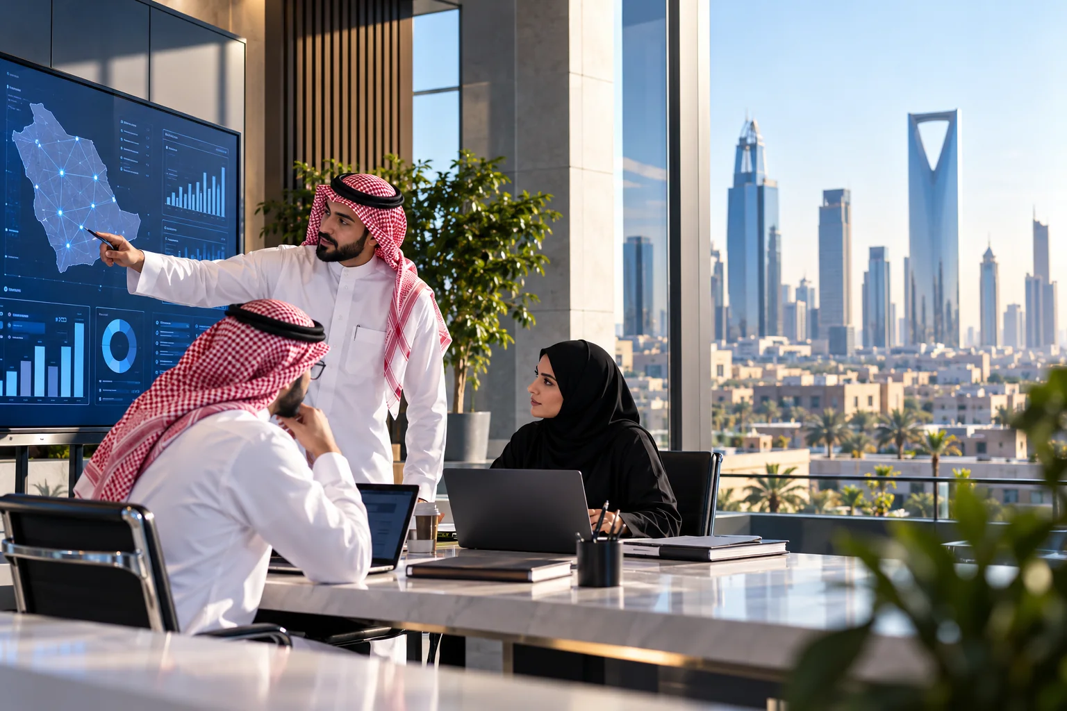 Client-supplied illustration of a team reviewing a Saudi map dashboard with the Riyadh skyline; not verified ITQAN personnel, premises or projects. Client-supplied illustration of a team reviewing a Saudi map dashboard with the Riyadh skyline; not verified ITQAN personnel, premises or projects.