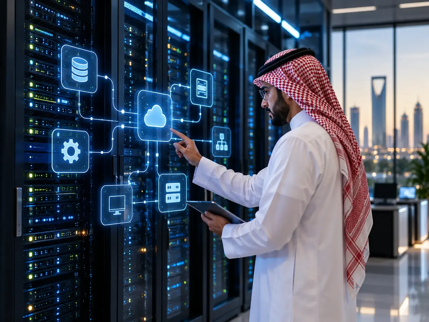 Saudi IT specialist exploring connected systems in a server room; client-supplied AI illustration, not verified ITQAN personnel, premises or projects. Saudi IT specialist exploring connected systems in a server room; client-supplied AI illustration, not verified ITQAN personnel, premises or projects.