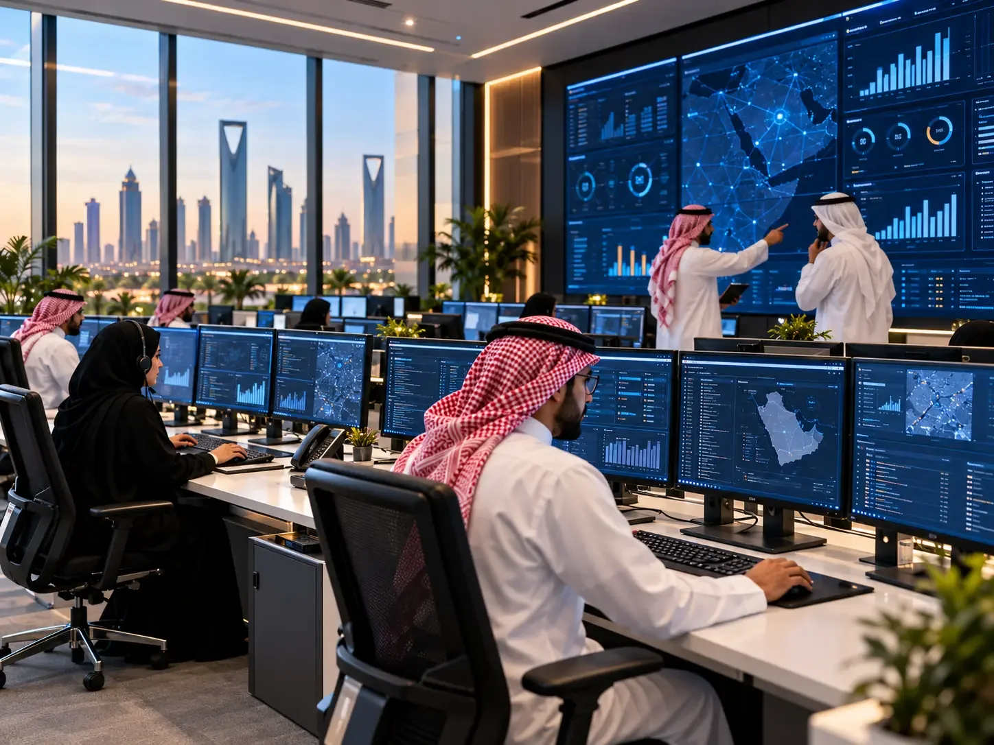 Saudi team monitoring systems in an operations centre; client-supplied AI illustration, not verified ITQAN personnel, premises or projects. Saudi team monitoring systems in an operations centre; client-supplied AI illustration, not verified ITQAN personnel, premises or projects.