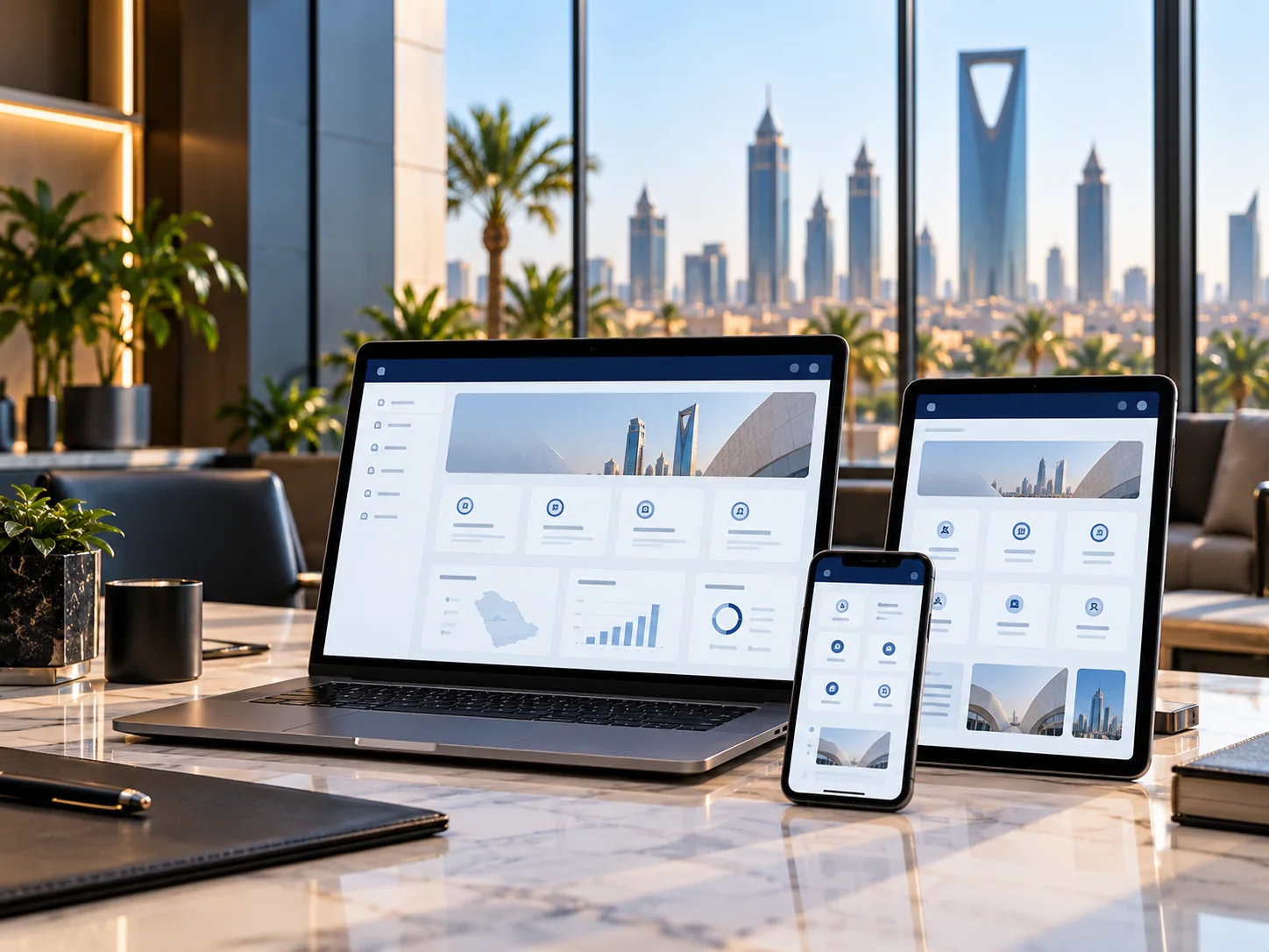 Laptop, tablet and phone in a Riyadh workspace; client-supplied AI illustration, not verified ITQAN personnel, premises or projects. Laptop, tablet and phone in a Riyadh workspace; client-supplied AI illustration, not verified ITQAN personnel, premises or projects.