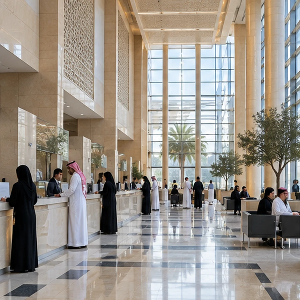 Visitors at service counters in an institutional public administration hall; client-supplied AI illustration, not ITQAN staff, clients or completed projects. Visitors at service counters in an institutional public administration hall; client-supplied AI illustration, not ITQAN staff, clients or completed projects.